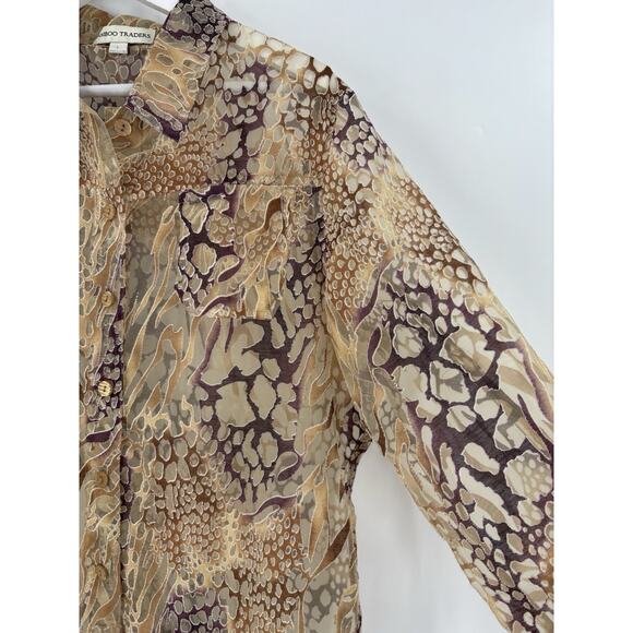 Bamboo Traders Button Up Shirt Womens Large Gold Brown Sheer Flax Animal Print - Picture 3 of 16